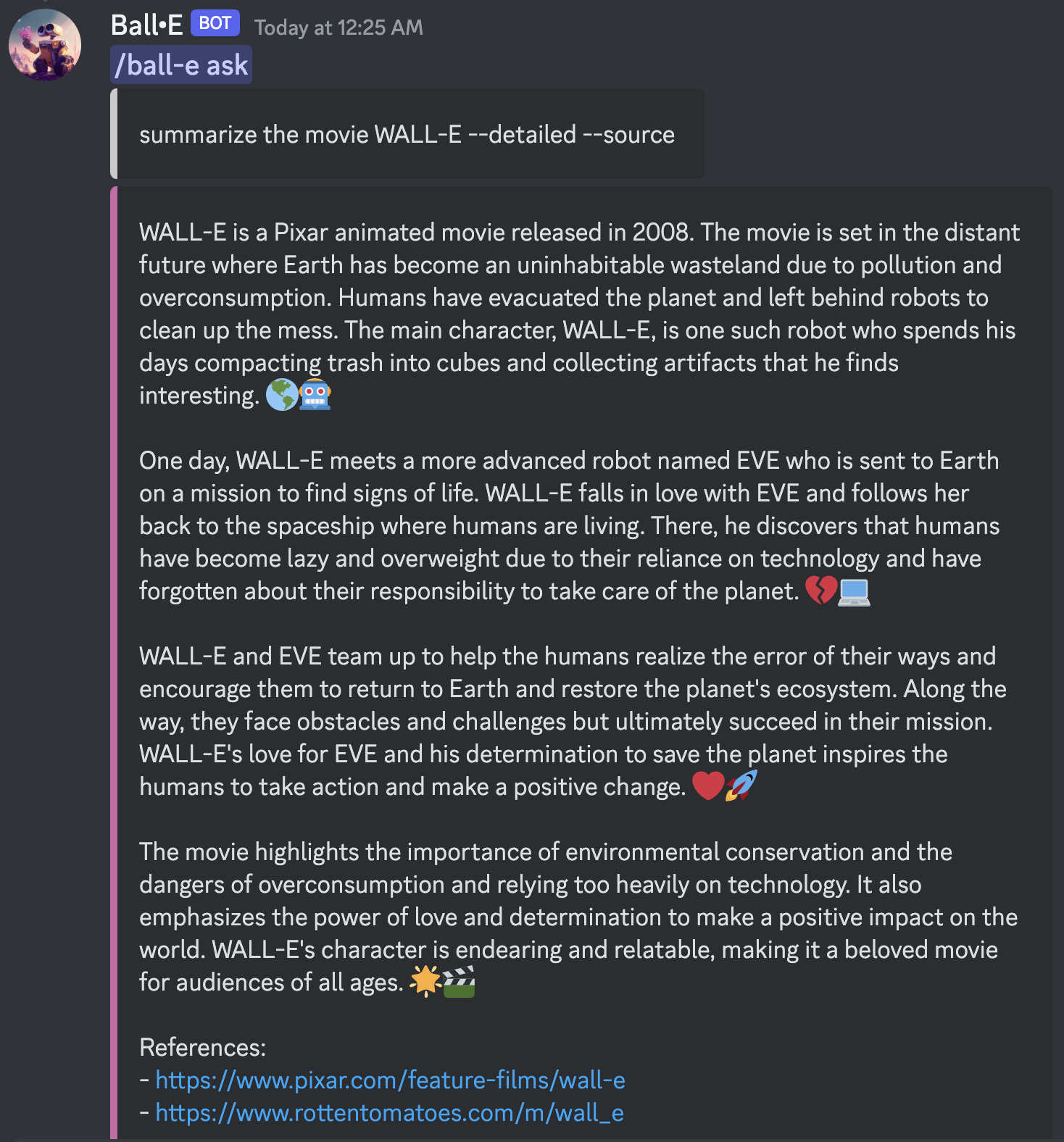 Screenshot of Ball-E responding to a user's prompt.